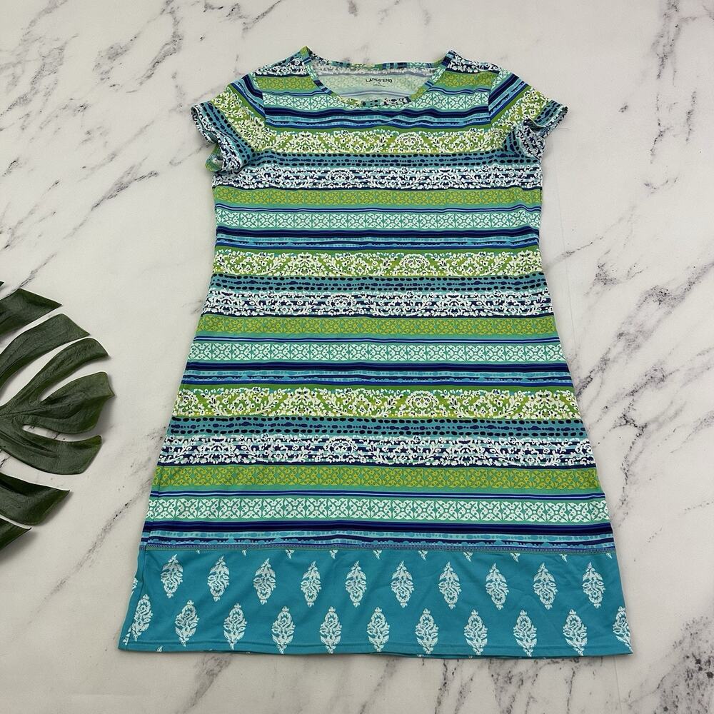Lands End Womens Shift Dress Size S 6-8 Blue Green Floral Stripe Stretch - Picture 1 of 10